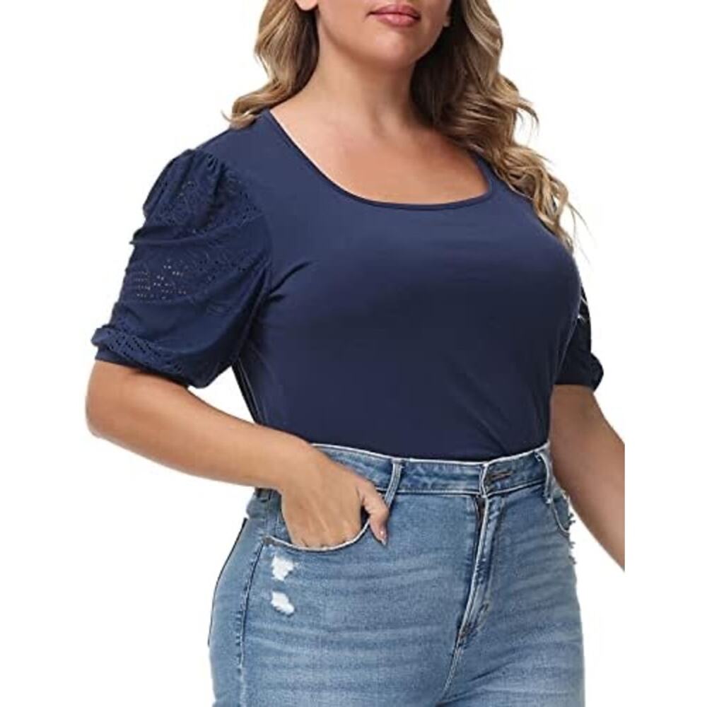 Hanna Nikole Plus Sz 16W Cotton Blend Preppy Cottagecore Casual Puff Eyelet Top